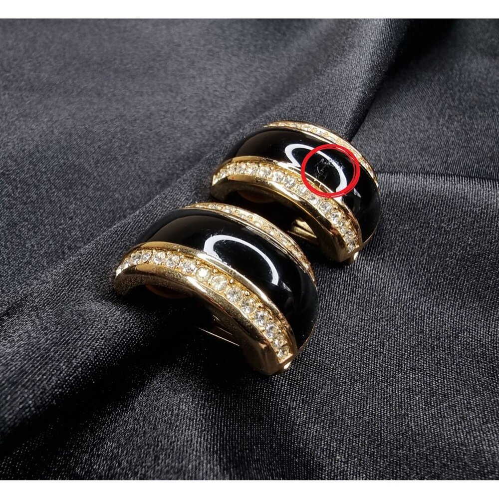Vintage Christian Dior 1990s Black & Gold Clip-On Earrings With Rhinestone - Picture 6 of 7